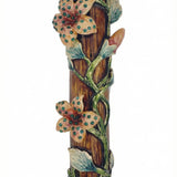 9.5 inch brass mezuzah adorned with intertwined flowers and vines, accented with stones, detailed layered design, on a white background with a subtle reflection.