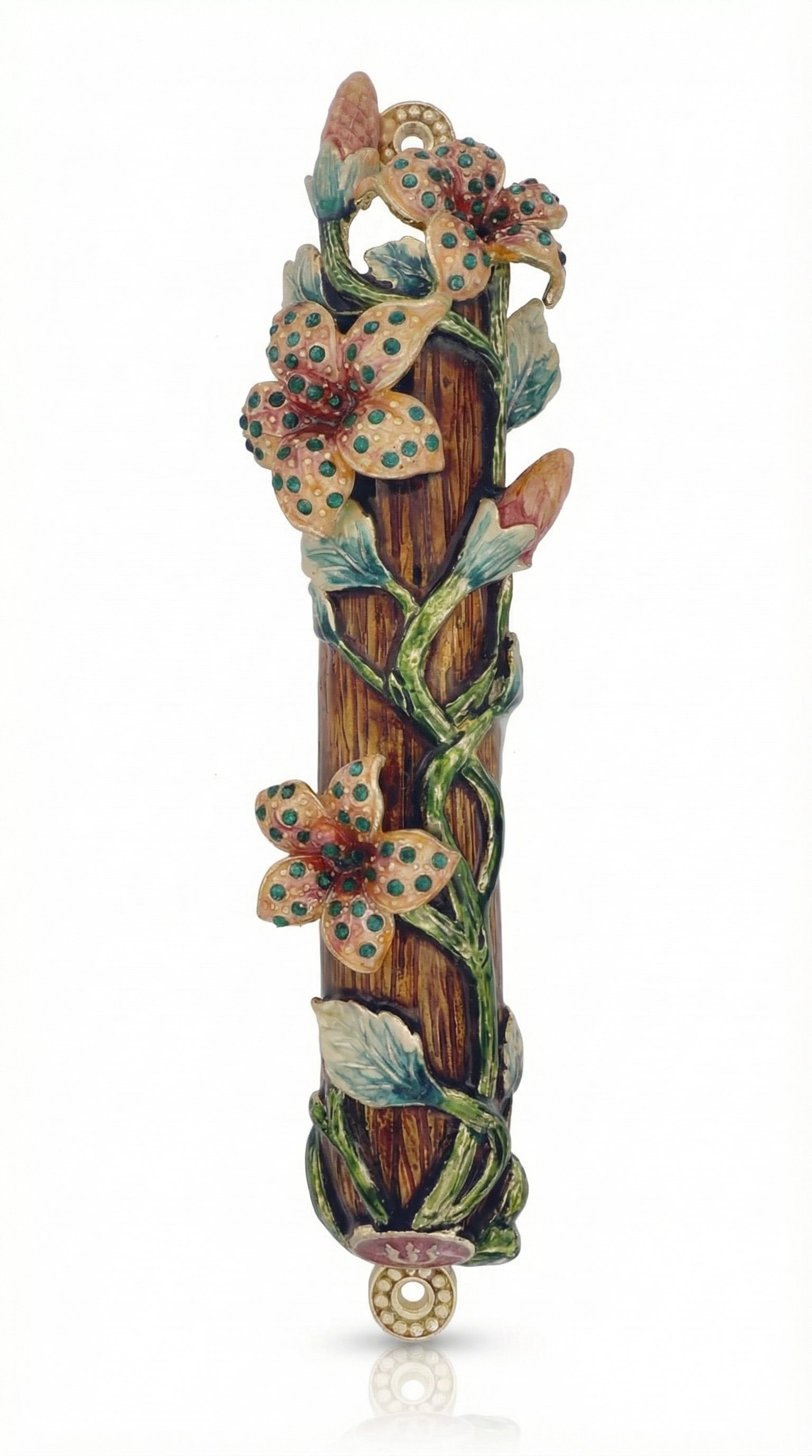 9.5 inch brass mezuzah adorned with intertwined flowers and vines, accented with stones, detailed layered design, on a white background with a subtle reflection.