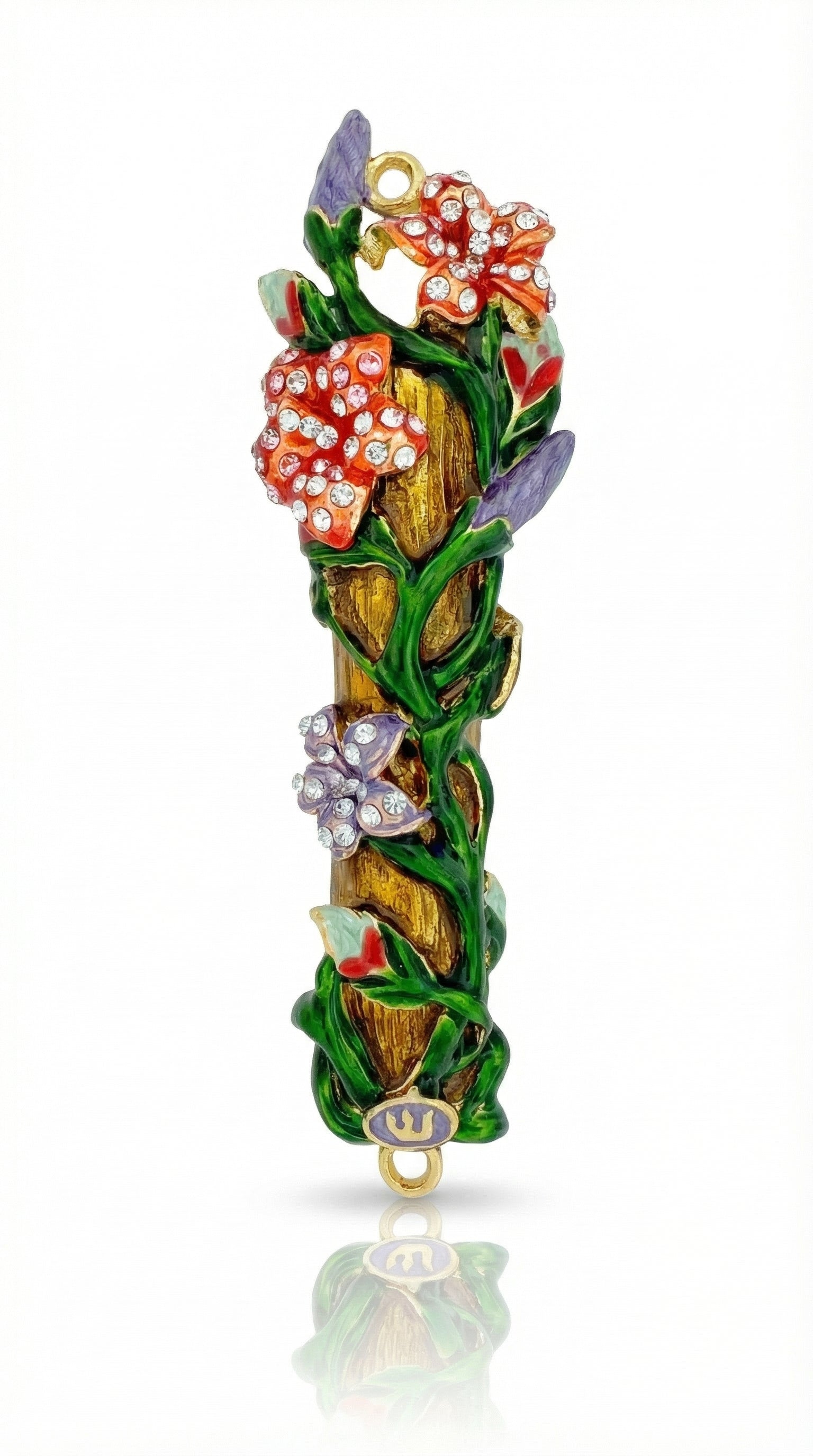 Vibrant brass mezuzah decorated with colorful flowers, intertwined vines, accent stones, layered details, and Hopeful rays on a pure white background with a subtle reflection.