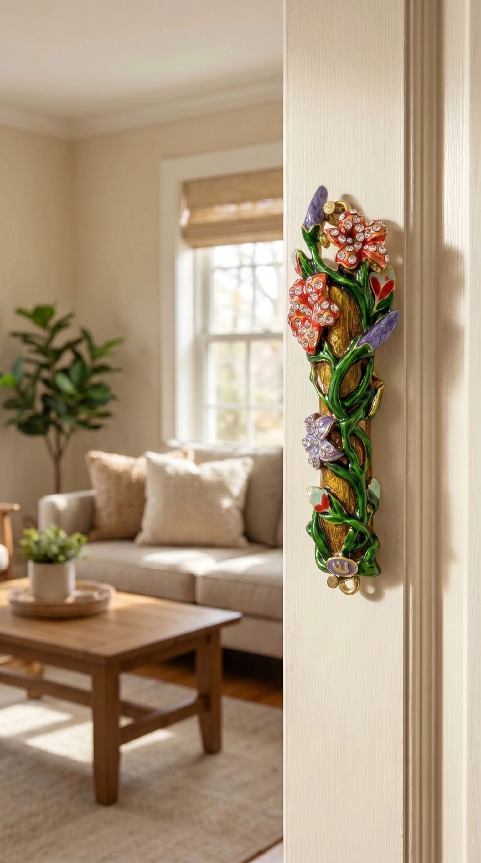 Colorful flowers and vines brass mezuzah with accent stones, mounted on a doorframe in an indoor lifestyle scene.