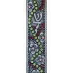 Colorful flowers pewter mezuzah, 4 inches tall with detailed Hebrew engravings, displayed on a clean white background with soft reflection.