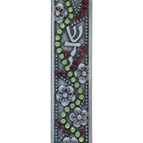 Colorful flowers pewter mezuzah, 4 inches tall with detailed Hebrew engravings, displayed on a clean white background with soft reflection.