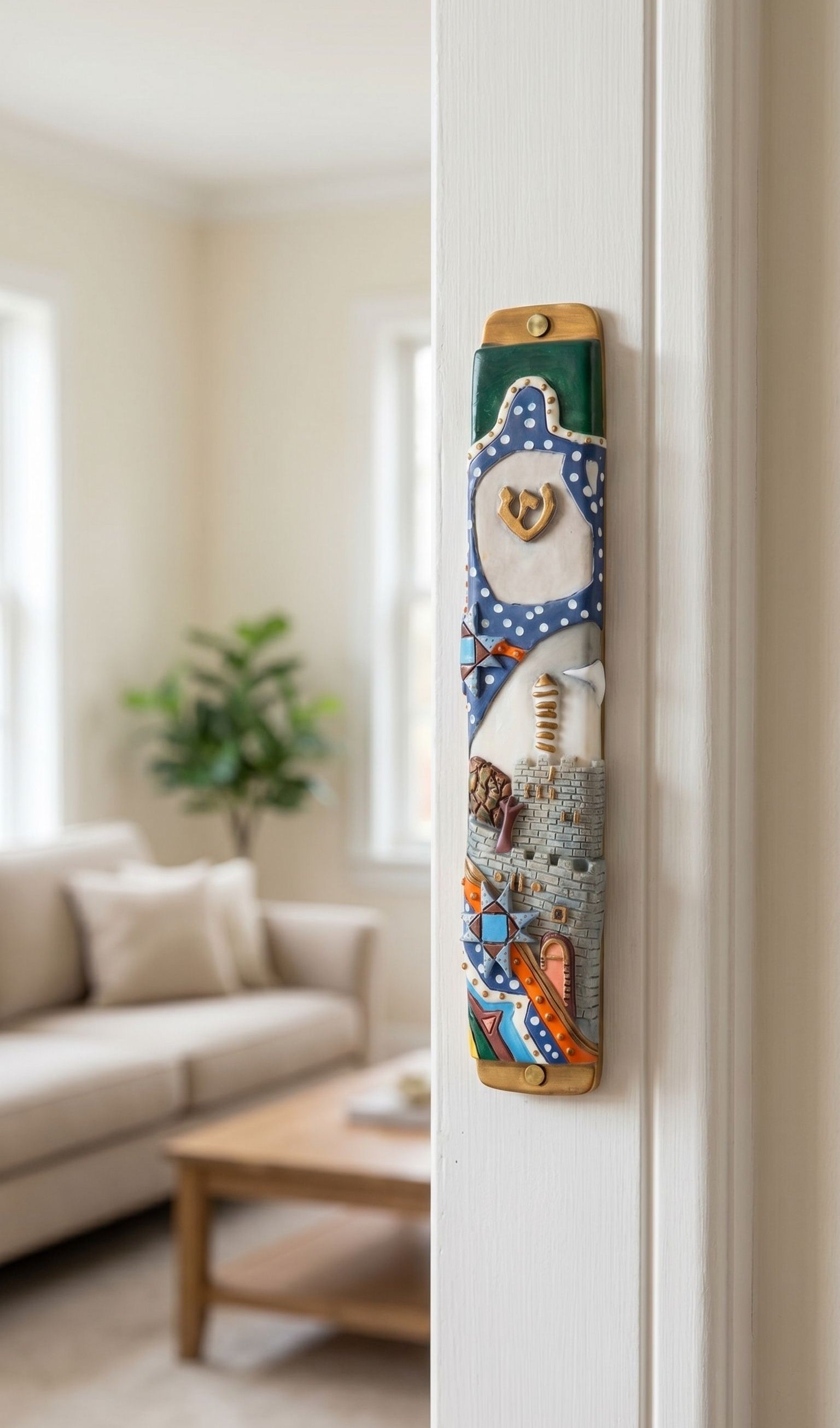 Vivid colorful Kotel Gate mezuzah with Jewish symbols, mounted inside a doorway on a true jamb, displayed in a lifestyle scene.