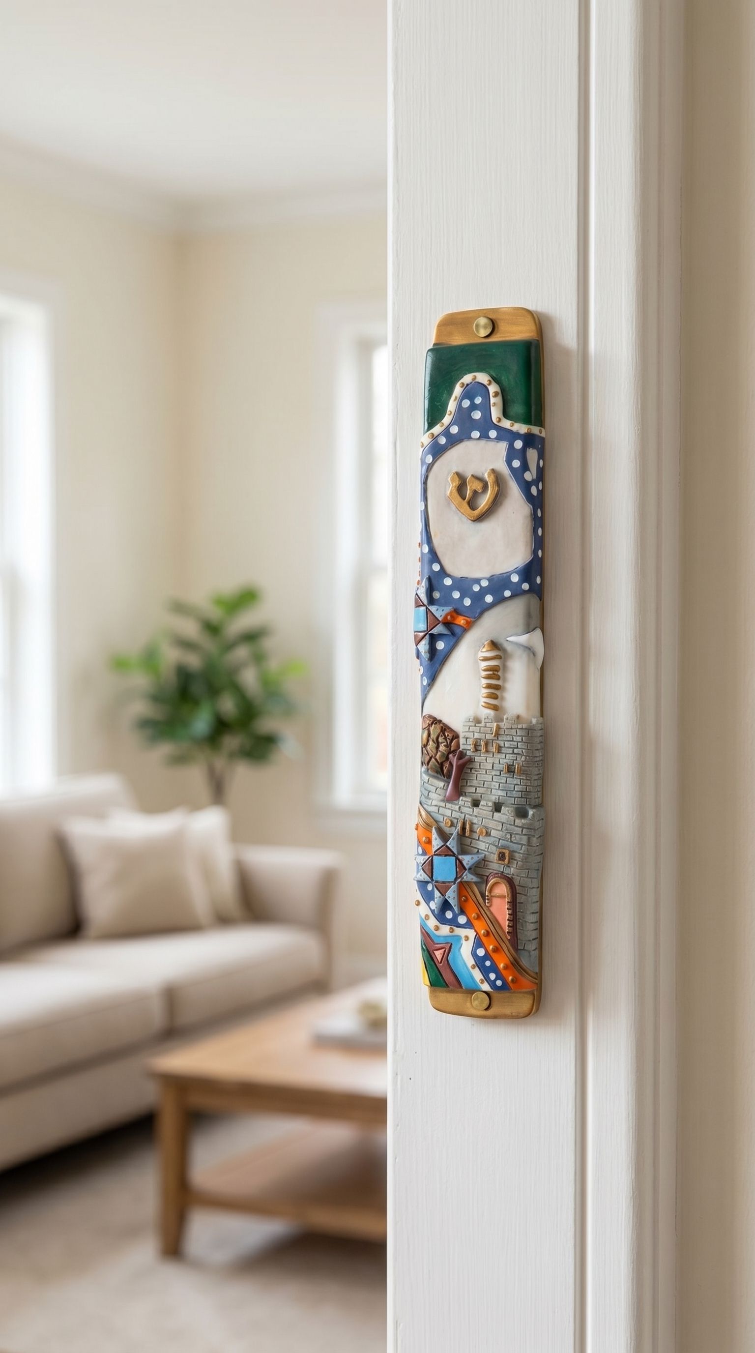 Vivid colorful Kotel Gate mezuzah with Jewish symbols, mounted inside a doorway on a true jamb, displayed in a lifestyle scene.