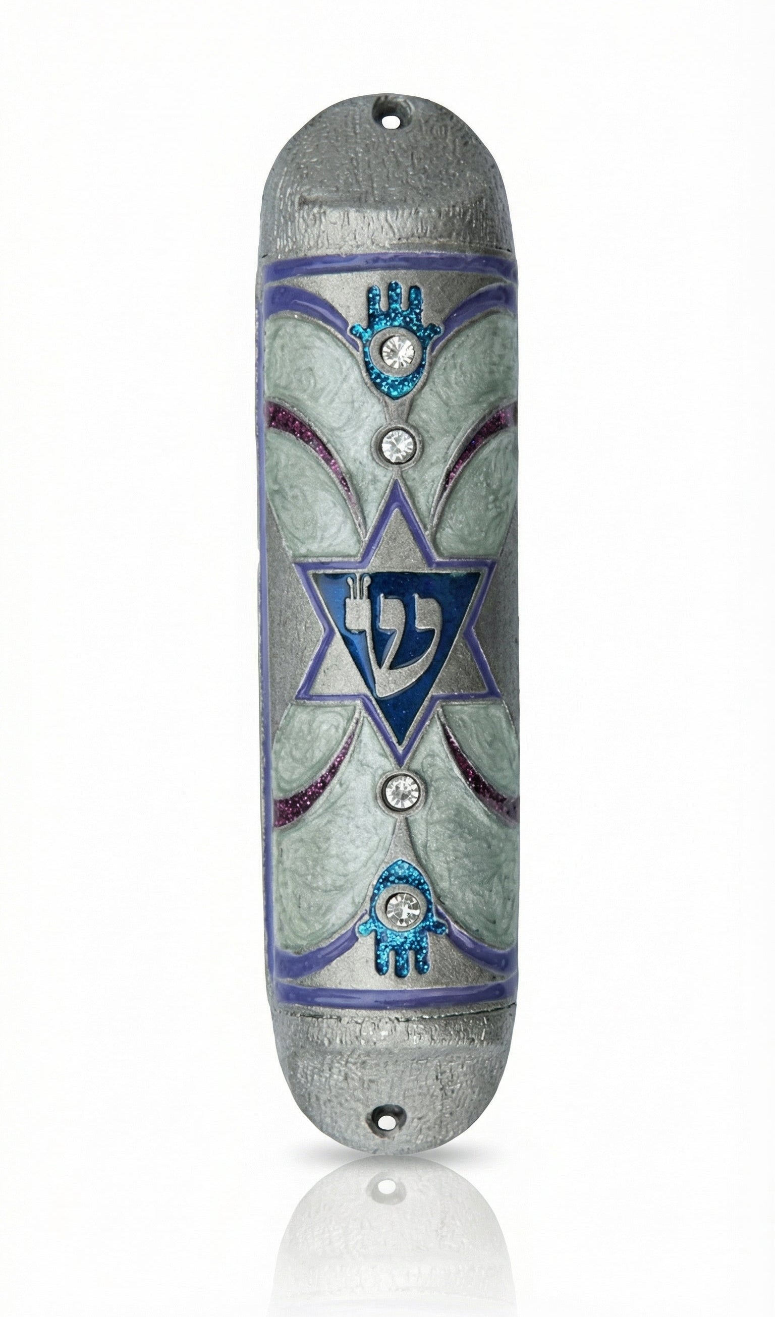 Handcrafted Israel-made pewter mezuzah with Star of David, Shin letter, Hamsas, crystals, vivid enamel colors, on white background with soft reflection.