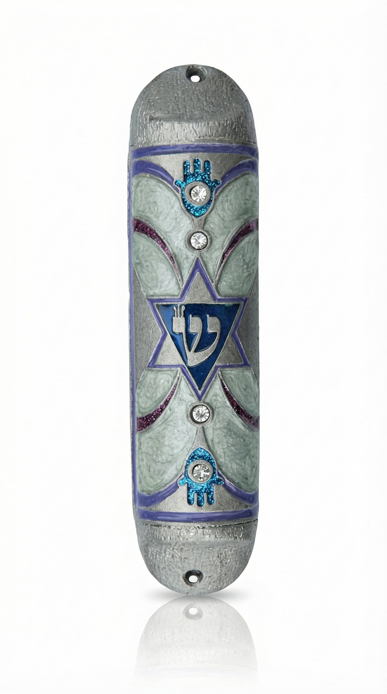Handcrafted Israel-made pewter mezuzah with Star of David, Shin letter, Hamsas, crystals, vivid enamel colors, on white background with soft reflection.