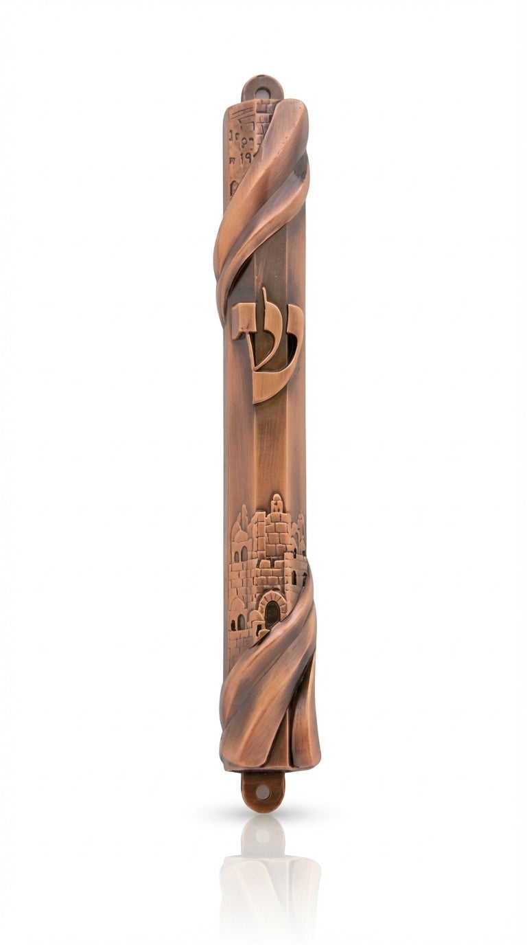 Upscale 10.5-inch tall Copper City Gates Mezuzah with detailed engravings and Hebrew symbols, displayed on a white background with subtle reflection.