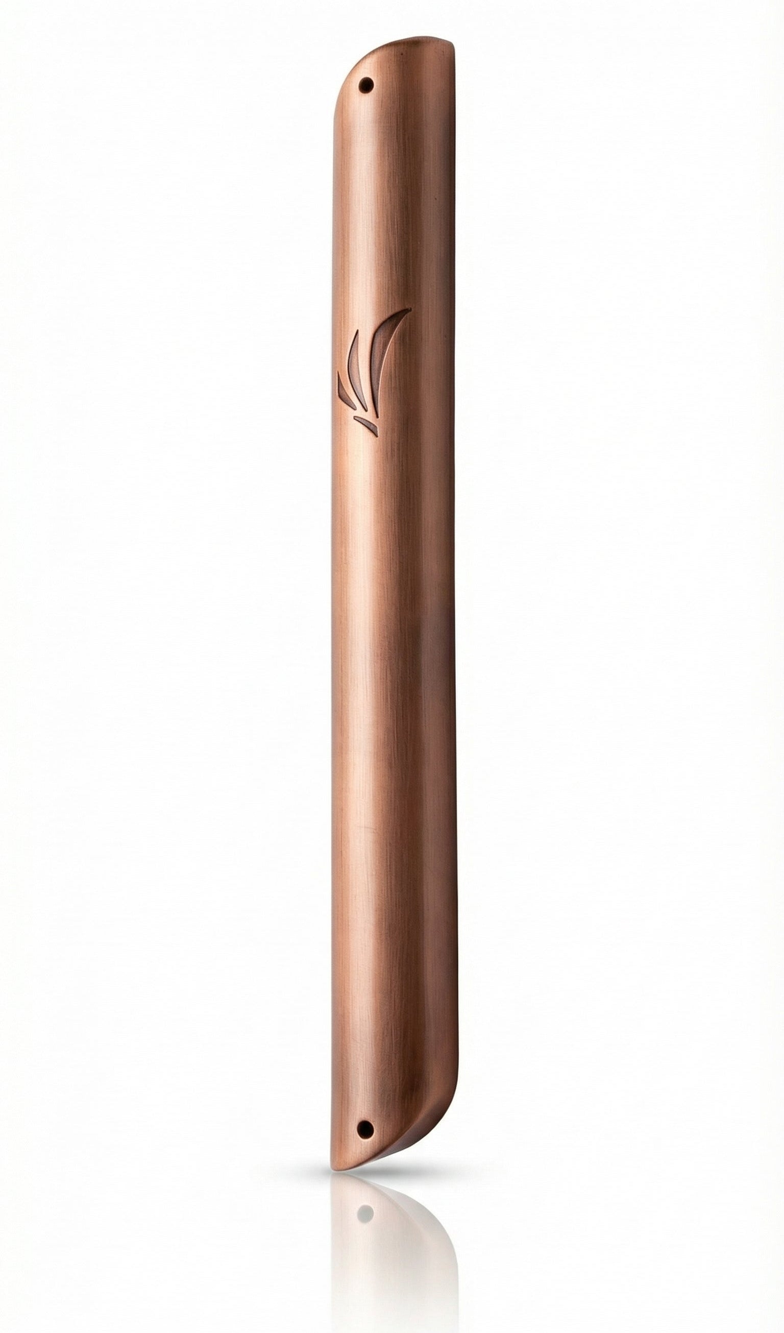 10-inch tall copper mezuzah with intricate Hebrew engravings and decorative motifs on a clean white background.