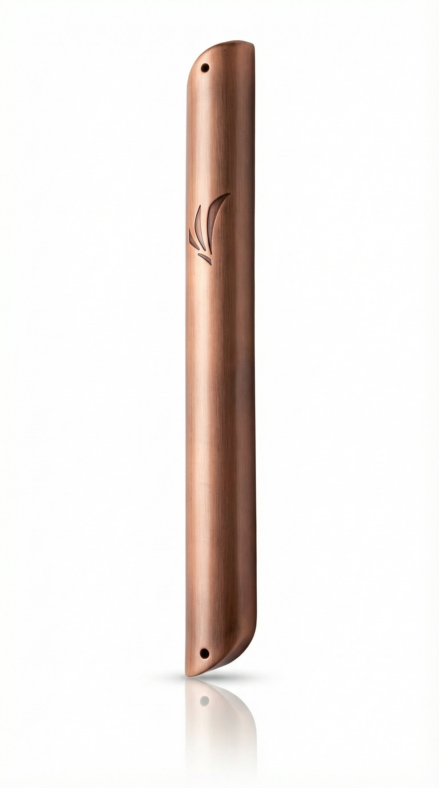 10-inch tall copper mezuzah with intricate Hebrew engravings and decorative motifs on a clean white background.