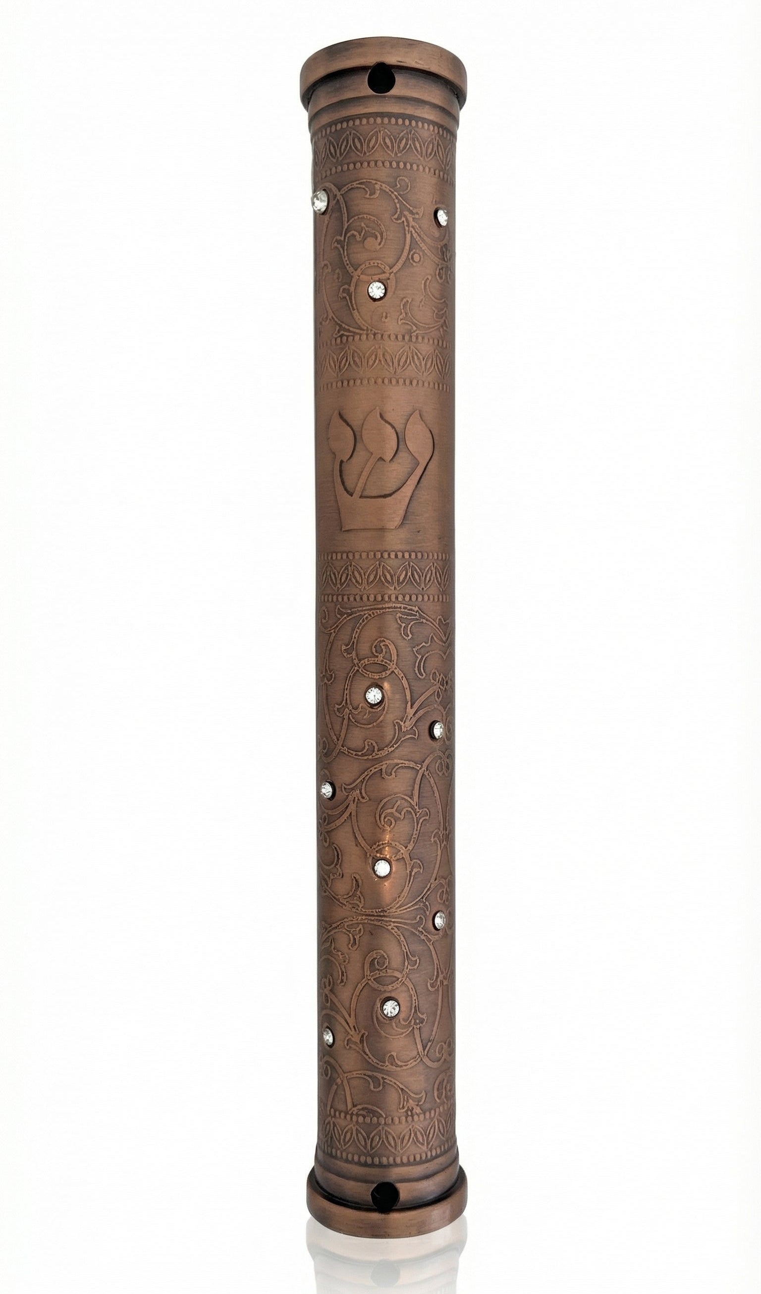 Elegant copper mezuzah made in Israel, 5 inches tall, with Hebrew engraved words, decorative motifs, suitable for doorway decoration.