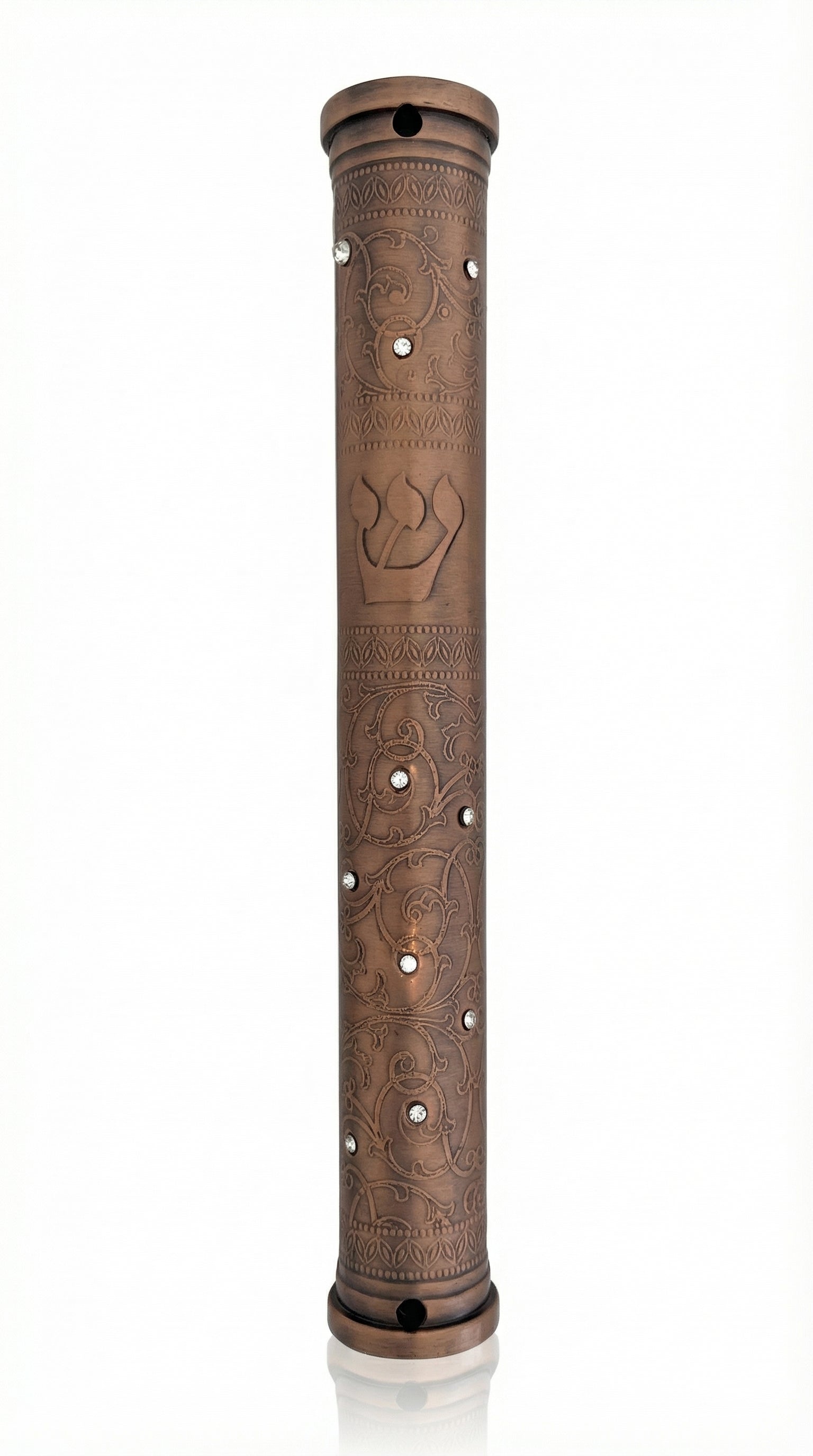 Elegant copper mezuzah made in Israel, 5 inches tall, with Hebrew engraved words, decorative motifs, suitable for doorway decoration.