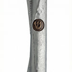 Upscale high-resolution image of a copper-toned pewter Shin Mezuzah with detailed Hebrew engravings, set against a pure white background with soft reflection.
