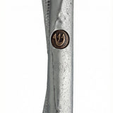 Upscale high-resolution image of a copper-toned pewter Shin Mezuzah with detailed Hebrew engravings, set against a pure white background with soft reflection.