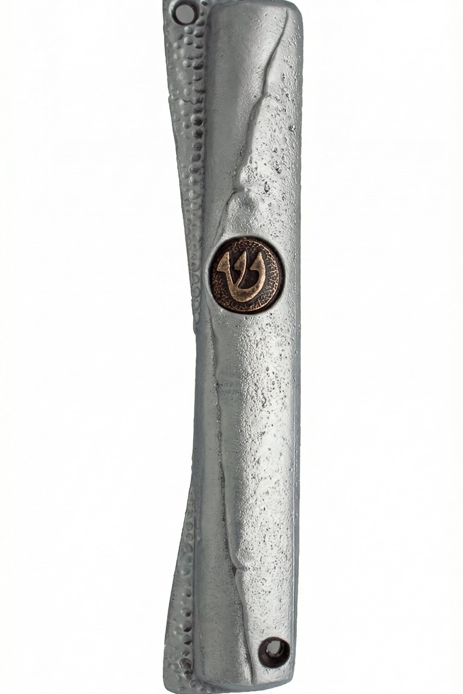 Upscale high-resolution image of a copper-toned pewter Shin Mezuzah with detailed Hebrew engravings, set against a pure white background with soft reflection.