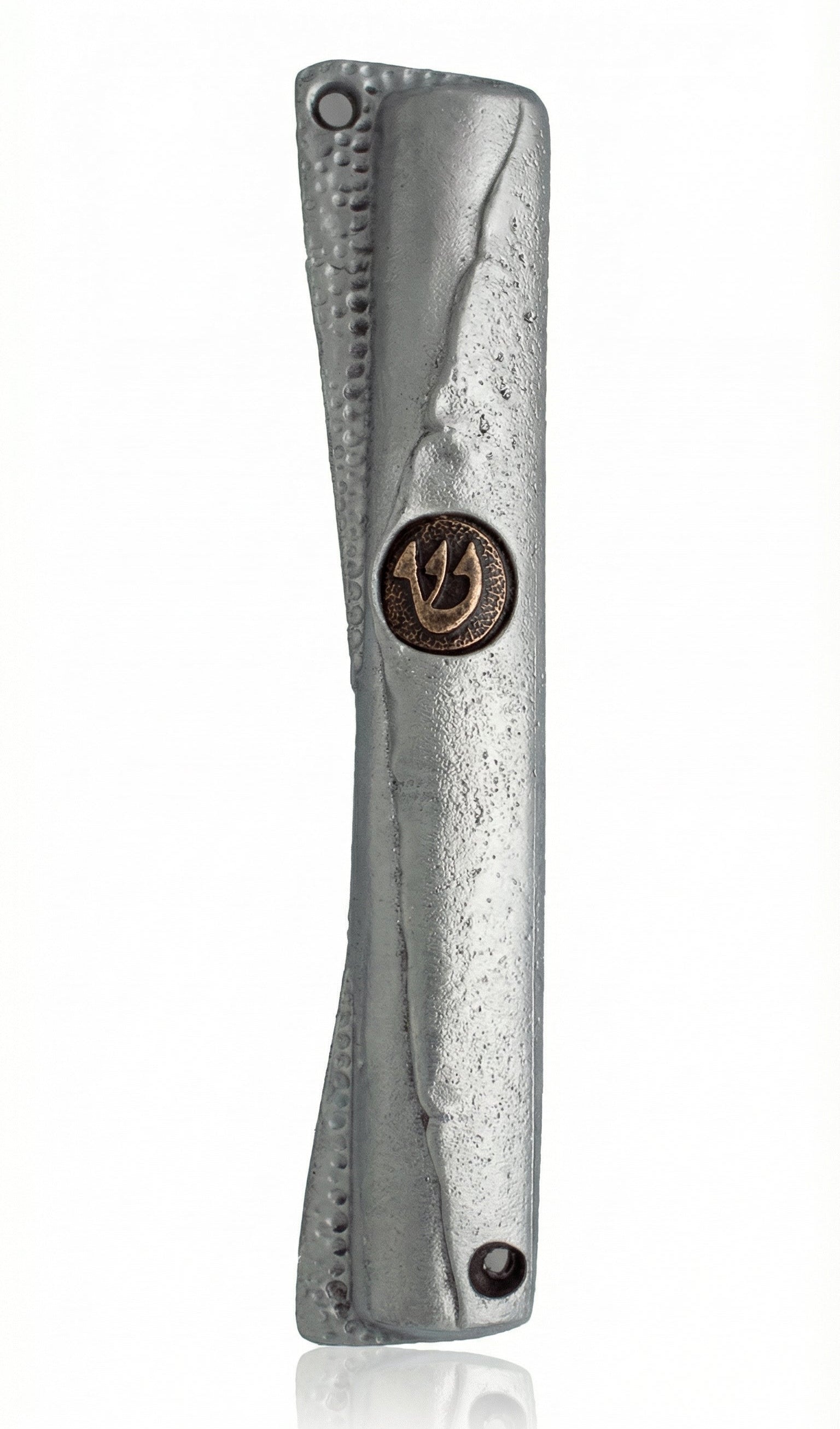 Upscale high-resolution image of a copper-toned pewter Shin Mezuzah with detailed Hebrew engravings, set against a pure white background with soft reflection.