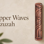 Copper Waves Mezuzah case with wave pattern and Hebrew Shin medallion on a soft grey background.