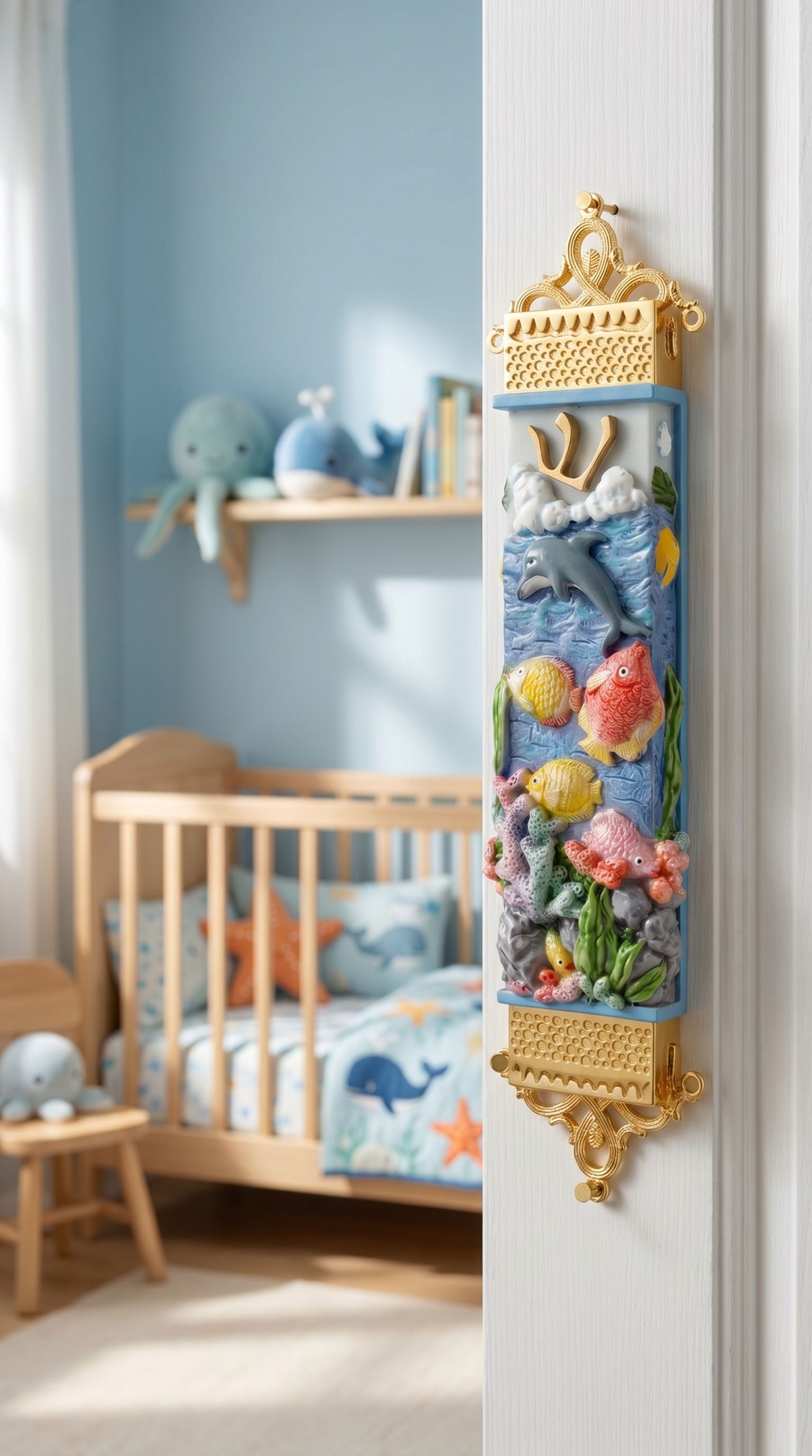 Colorful coral reef sea life mezuzah case with fish and ocean details on a doorway in a bright room, suitable for children's or beach-themed spaces.