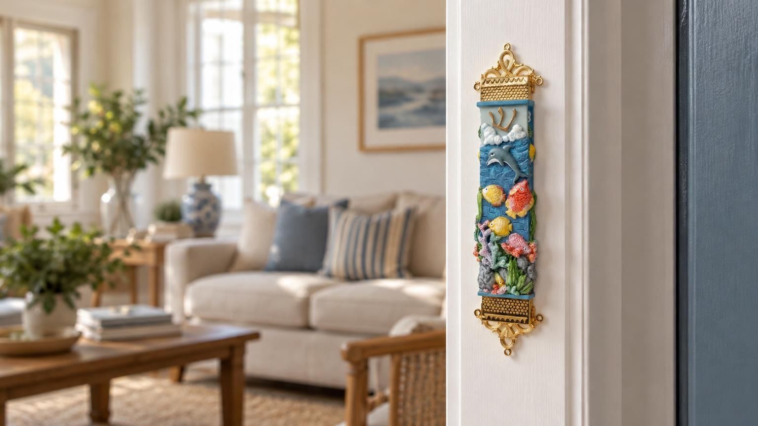 Coral reef sea life mezuzah mounted vertically on a residential doorpost in a home entryway.