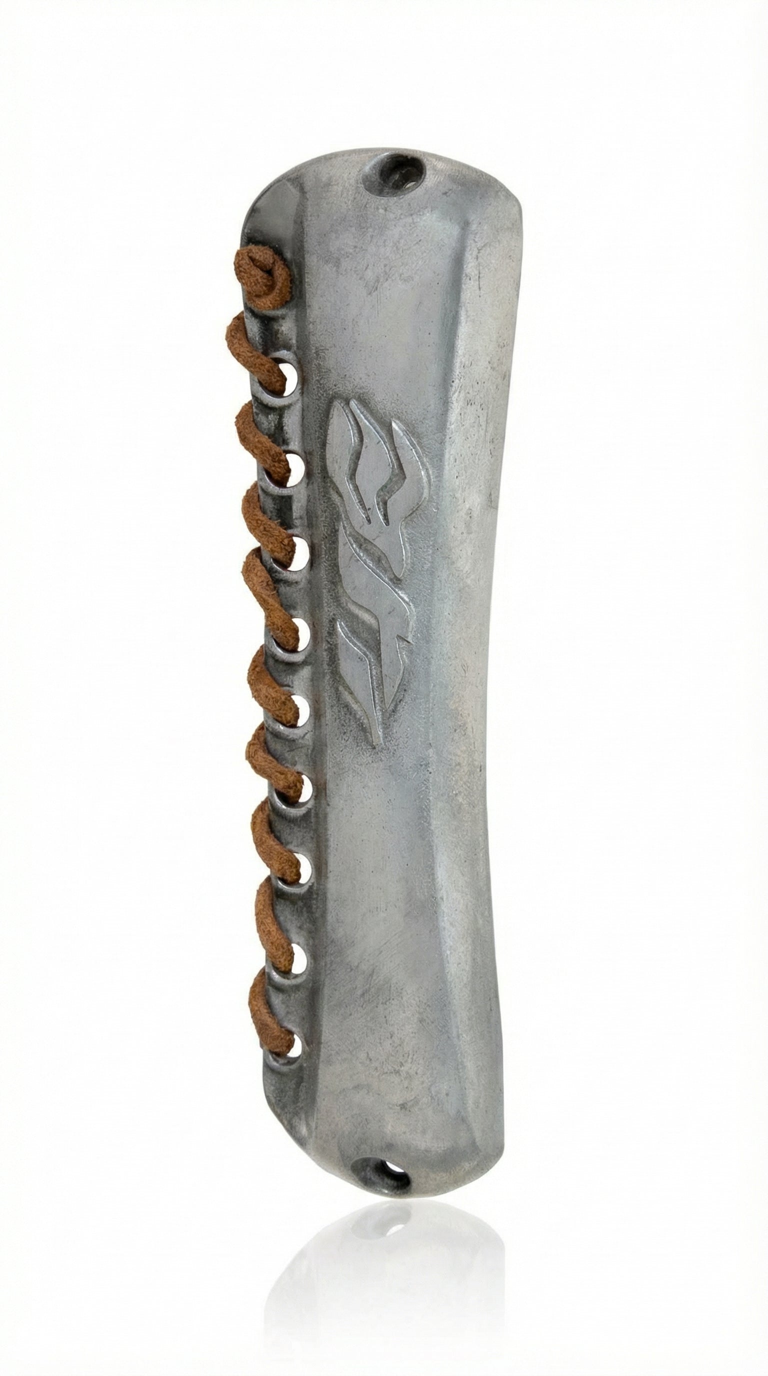 High-quality cowboy-themed mezuzah made of pewter and leather, designed for doorpost decoration, shown with detailed craftsmanship on a white studio background.