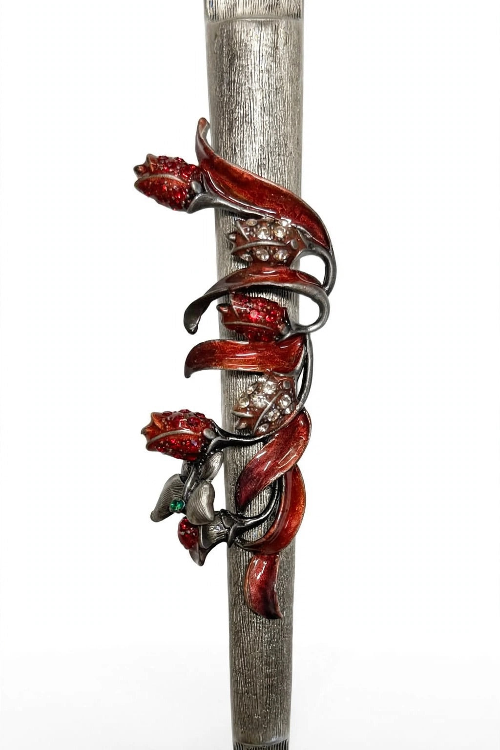 Crimson Rose Vine Pewter Mezuzah shown from the front as a mezuzah cover featuring crimson red enamel roses and curling dark vines wrapped around a textured silver-toned pewter stem with sparkling decorative accents, presenting a detailed Judaica design for a Jewish home doorway