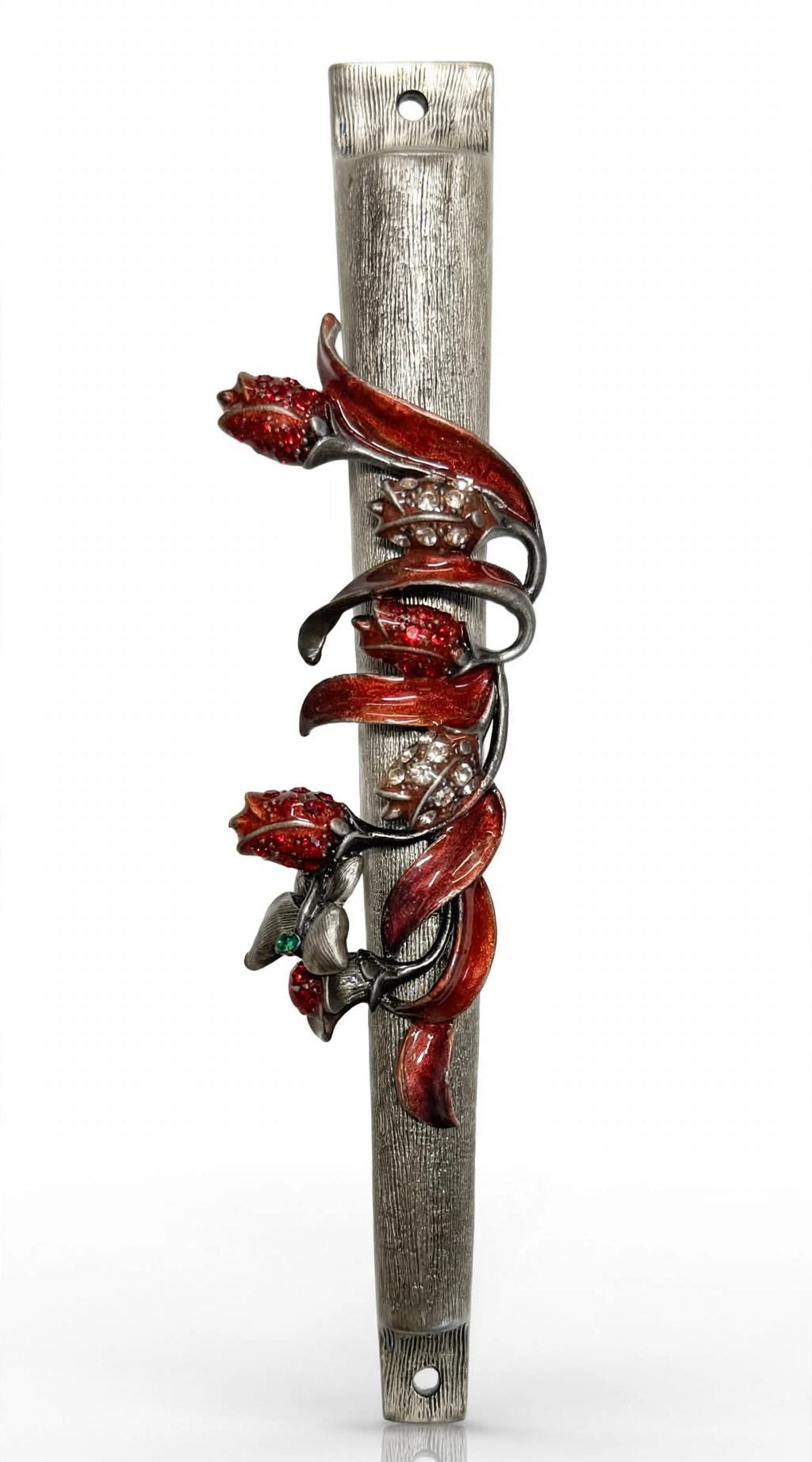 Crimson Rose Vine Pewter Mezuzah shown from the front as a mezuzah cover featuring crimson red enamel roses and curling dark vines wrapped around a textured silver-toned pewter stem with sparkling decorative accents, presenting a detailed Judaica design for a Jewish home doorway