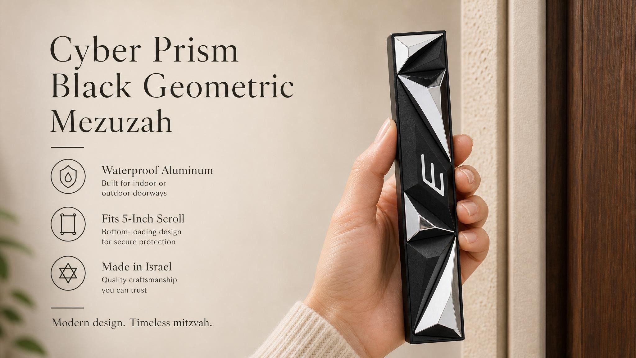 Black and silver geometric mezuzah attached to a doorpost, showcasing angular prism panels and Hebrew shin.