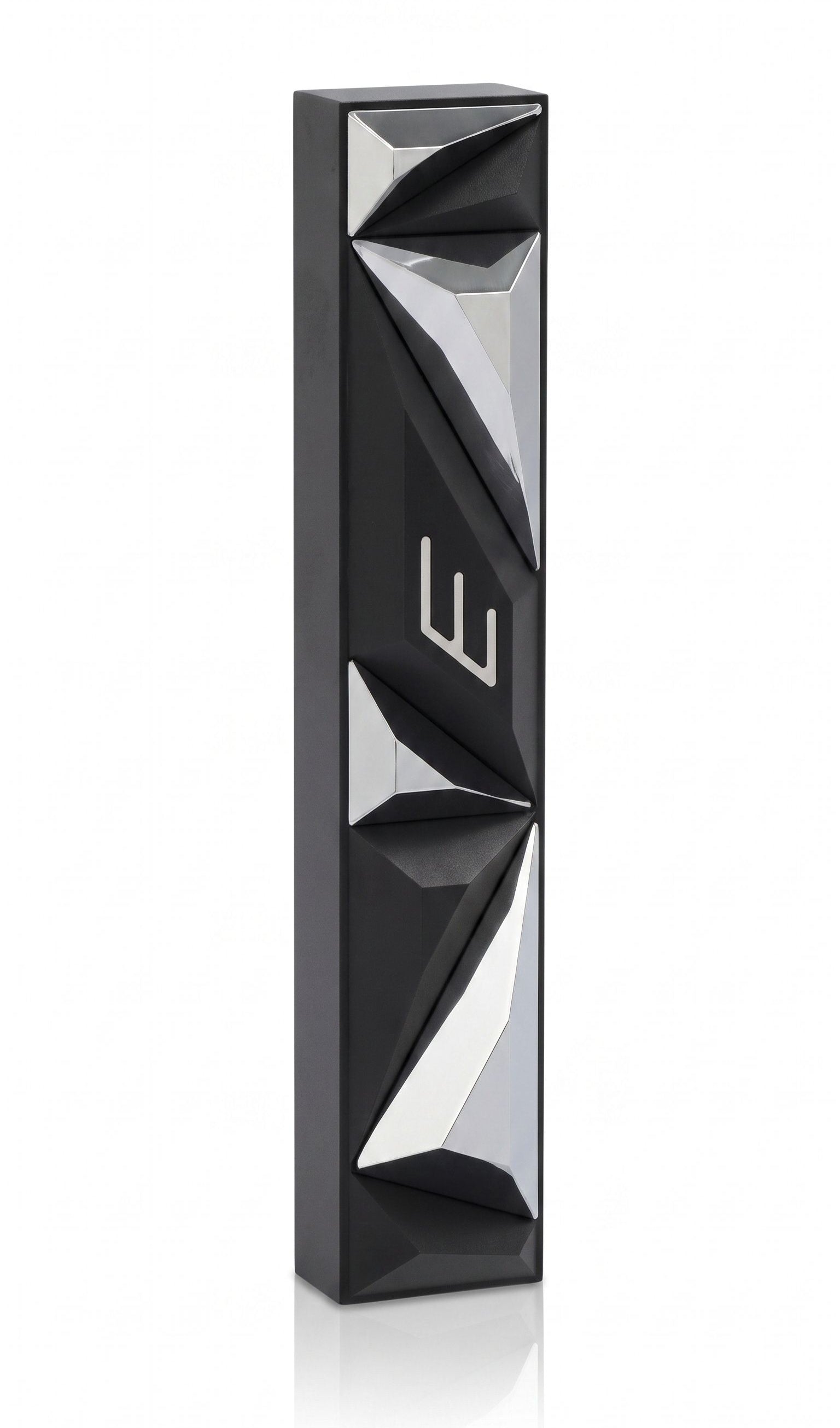 Pure white studio image of the Cyber Prism Black Geometric Mezuzah showing its angular prism panels and Hebrew Shin.
