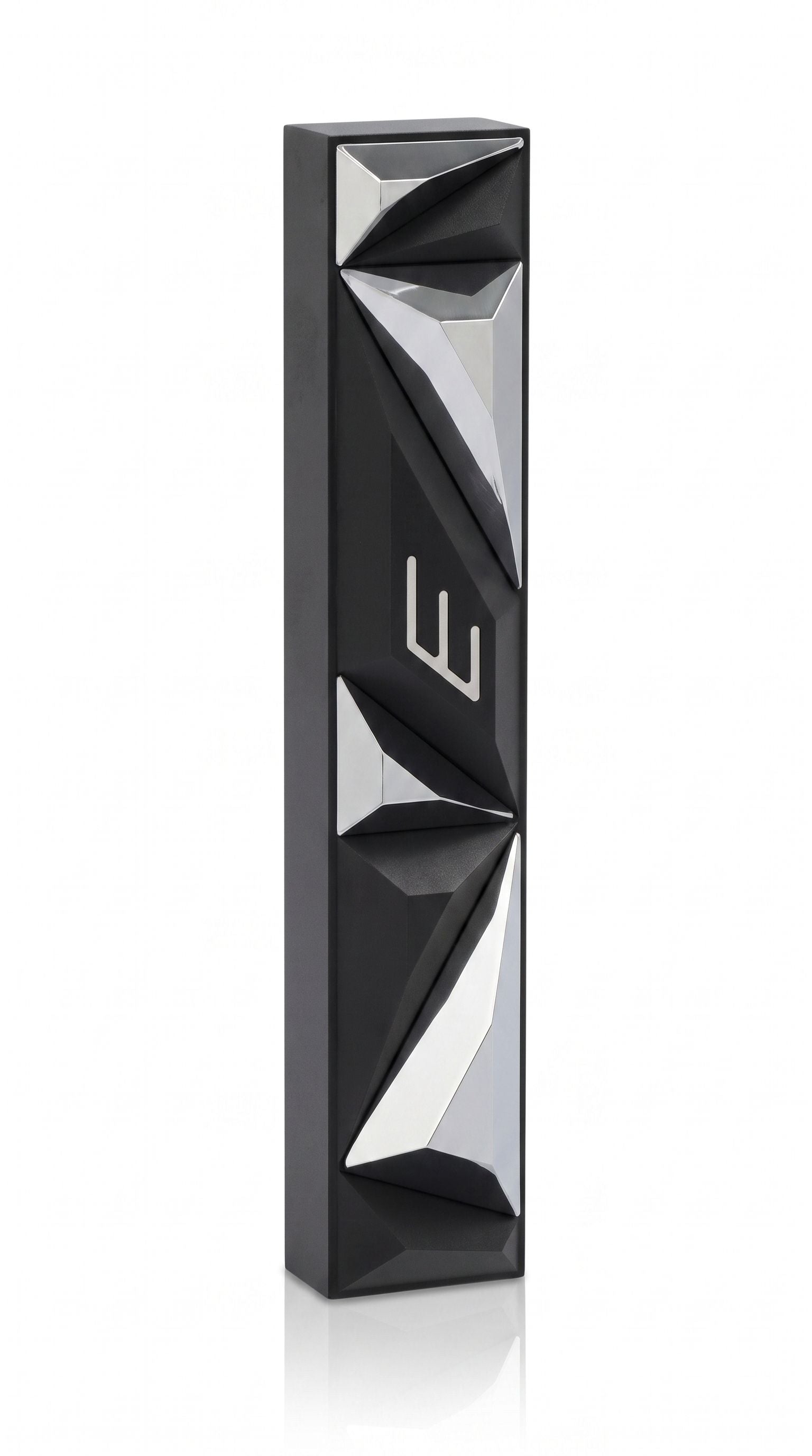 Pure white studio image of the Cyber Prism Black Geometric Mezuzah showing its angular prism panels and Hebrew Shin.