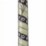 Deep purple pewter mezuzah, hand painted with enamel, measuring 6.75 inches tall, designed for home doors according to Jewish tradition.