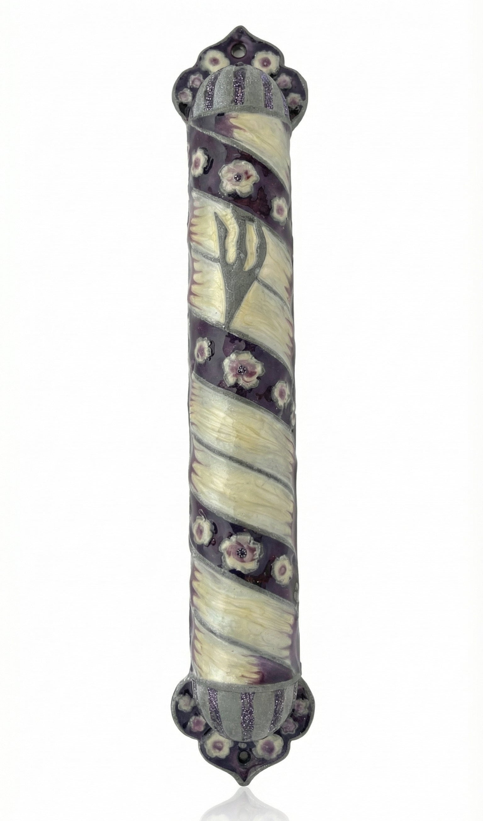 Deep purple pewter mezuzah, hand painted with enamel, measuring 6.75 inches tall, designed for home doors according to Jewish tradition.