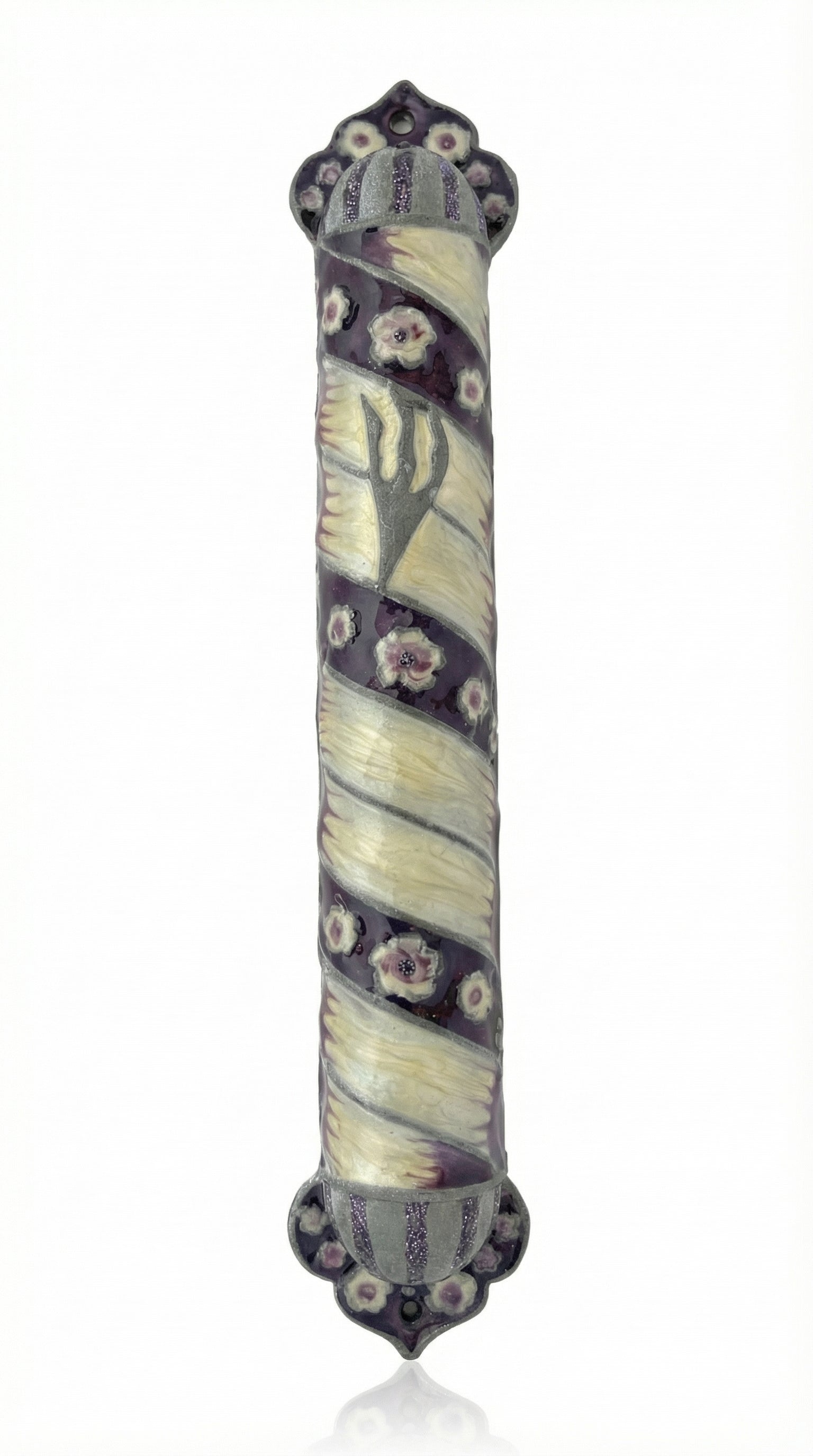 Deep purple pewter mezuzah, hand painted with enamel, measuring 6.75 inches tall, designed for home doors according to Jewish tradition.