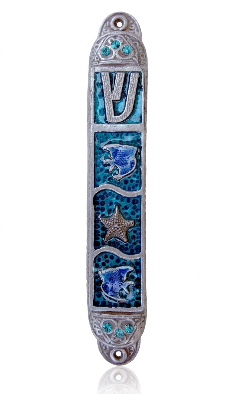 Deep Sea Mezuzah made of pewter, hand-painted with enamel, 6 inches tall, with shimmering accent stones, suitable for home doors.