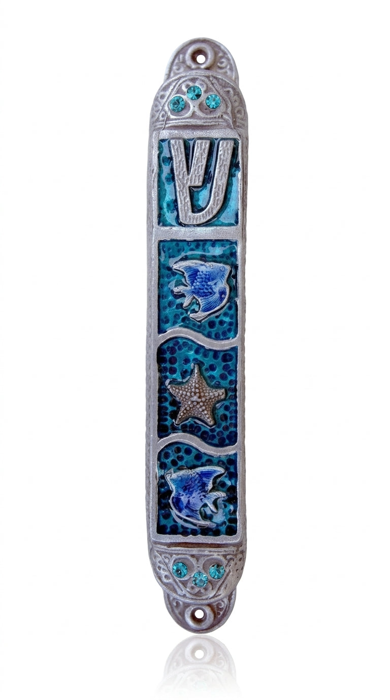 Deep Sea Mezuzah made of pewter, hand-painted with enamel, 6 inches tall, with shimmering accent stones, suitable for home doors.