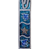 Deep Sea Mezuzah made of pewter, hand-painted with enamel, 6 inches tall, with shimmering accent stones, suitable for home doors.