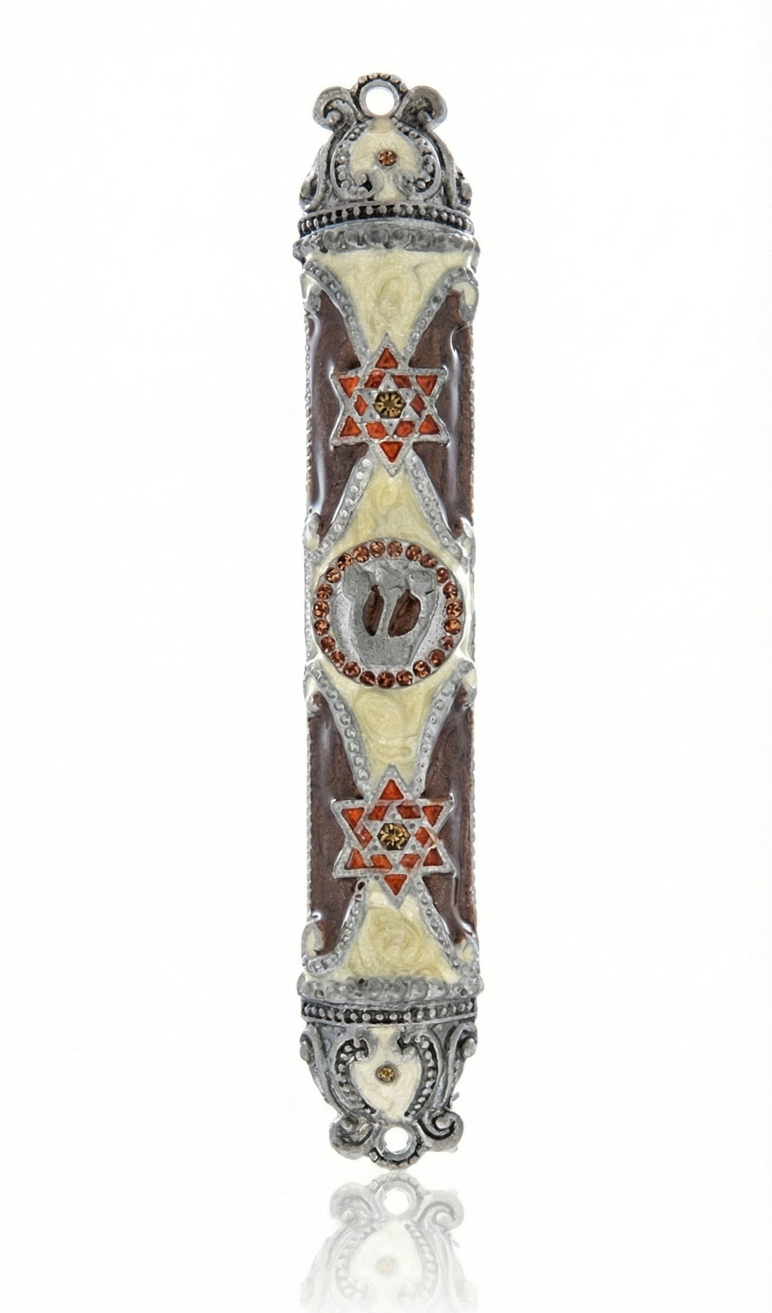 High-quality desert dunes themed Mezuzah made of pewter, hand-painted with enamel, shown in a bright white studio setting with a subtle reflection.