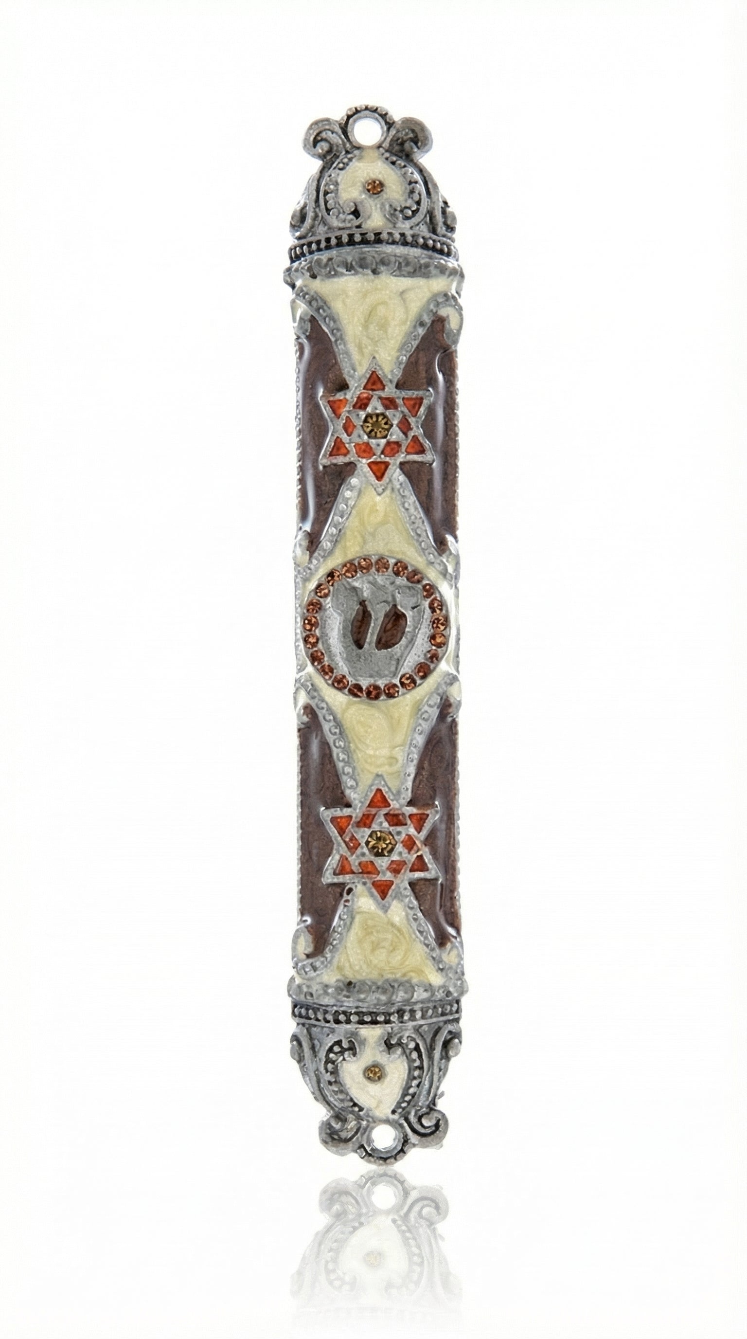 High-quality desert dunes themed Mezuzah made of pewter, hand-painted with enamel, shown in a bright white studio setting with a subtle reflection.