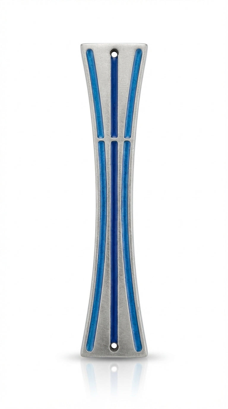 Elegant blue mezuzah crafted from pewter and hand painted with enamel, styled with precise details and a polished surface for upscale presentation.