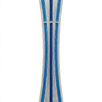 Elegant blue mezuzah crafted from pewter and hand painted with enamel, styled with precise details and a polished surface for upscale presentation.