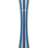 Elegant blue mezuzah crafted from pewter and hand painted with enamel, styled with precise details and a polished surface for upscale presentation.