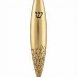 Elegant gold designer mezuzah made of pewter, 5 inches tall, detailed Hebrew engravings, with a polished studio background and subtle reflection.