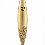 Elegant gold designer mezuzah made of pewter, 5 inches tall, detailed Hebrew engravings, with a polished studio background and subtle reflection.