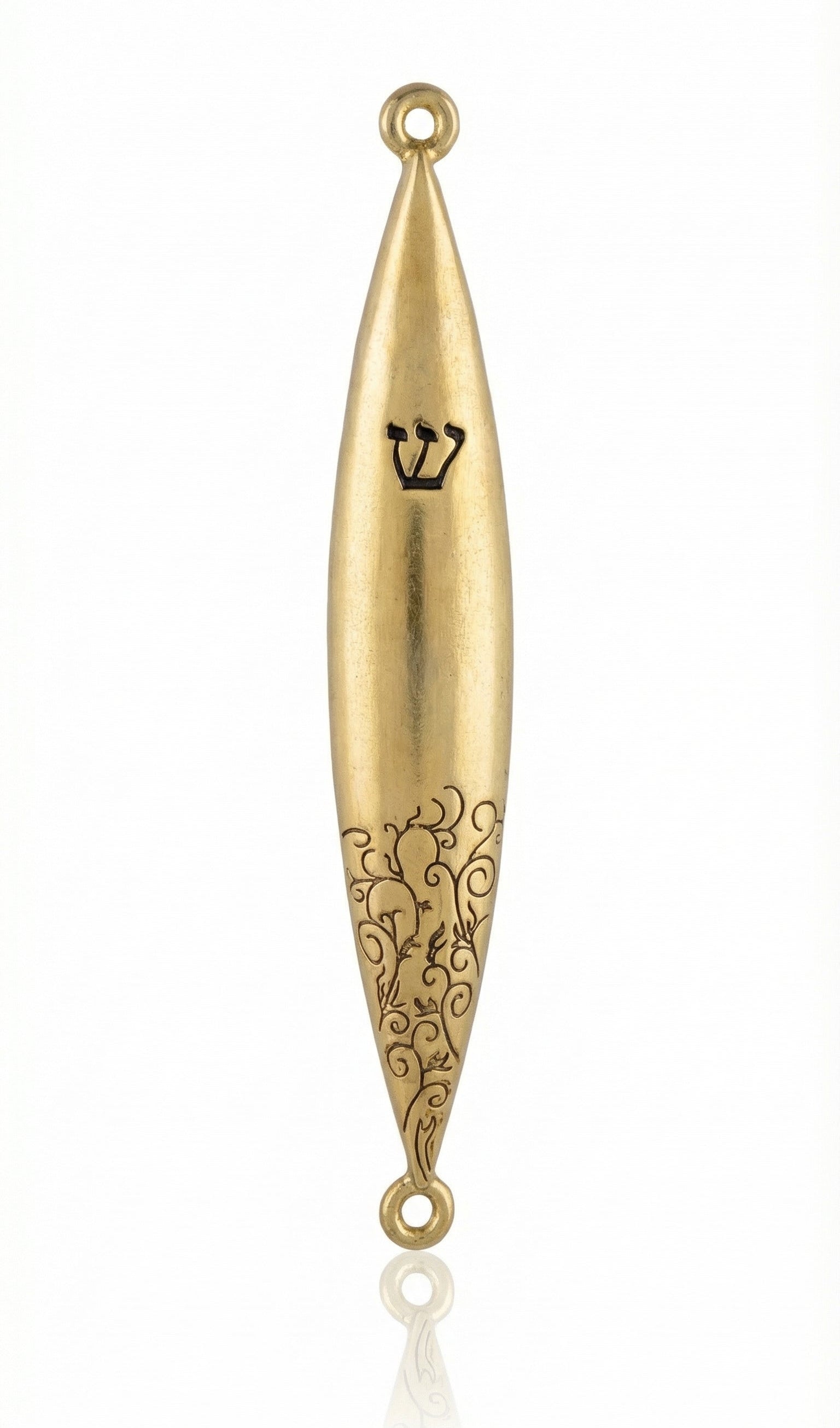 Elegant gold designer mezuzah made of pewter, 5 inches tall, detailed Hebrew engravings, with a polished studio background and subtle reflection.