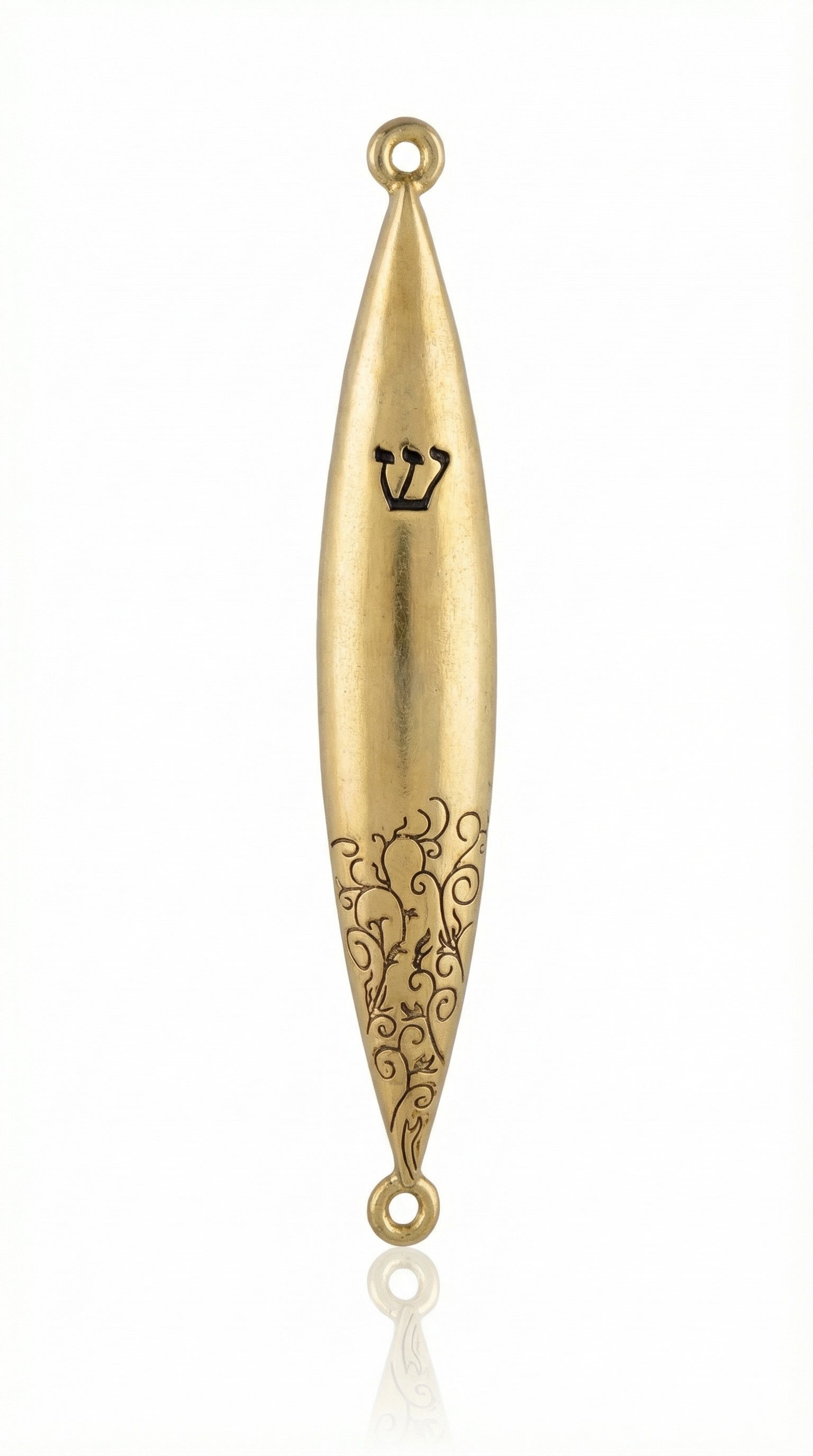 Elegant gold designer mezuzah made of pewter, 5 inches tall, detailed Hebrew engravings, with a polished studio background and subtle reflection.