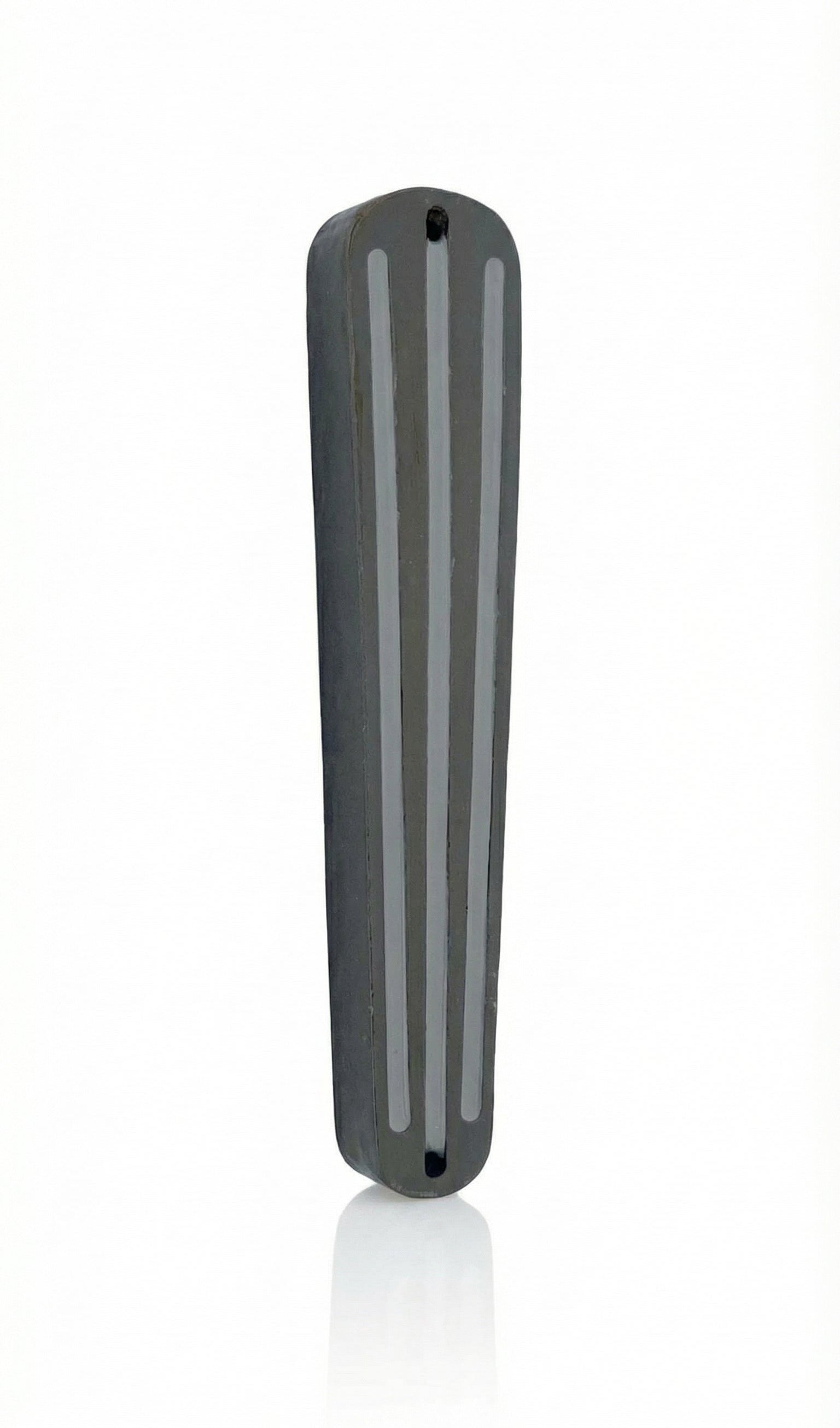 Gray designer mezuzah made of pewter with enamel accents, 4 inches tall, mounted with strong tape, perfect for home doorways.