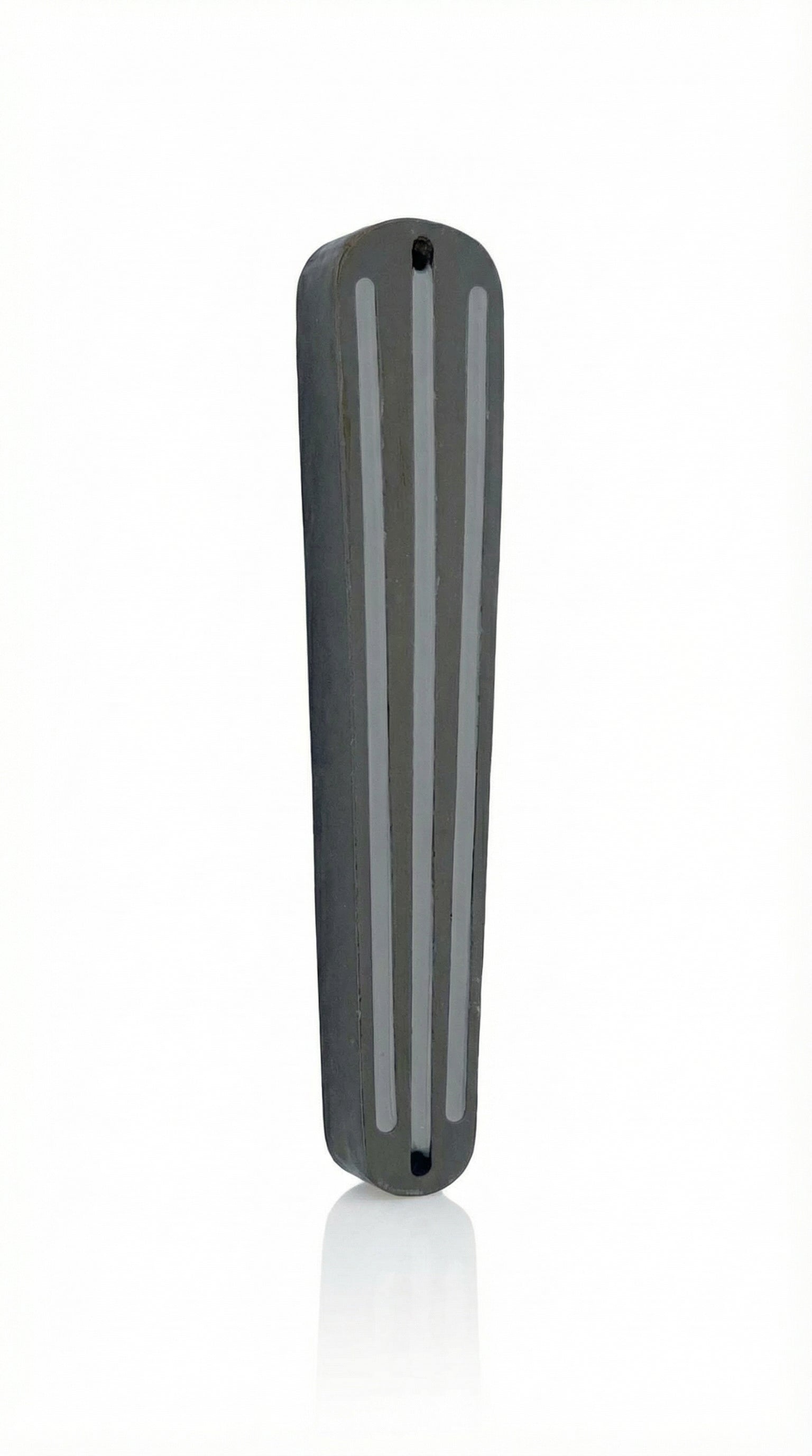 Gray designer mezuzah made of pewter with enamel accents, 4 inches tall, mounted with strong tape, perfect for home doorways.