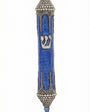 Elegant pewter mezuzah with modern blue enamel design, size 5.5 inches, on a white studio surface with subtle reflection, detailed craftsmanship.