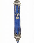 Elegant pewter mezuzah with modern blue enamel design, size 5.5 inches, on a white studio surface with subtle reflection, detailed craftsmanship.