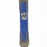 Elegant pewter mezuzah with modern blue enamel design, size 5.5 inches, on a white studio surface with subtle reflection, detailed craftsmanship.