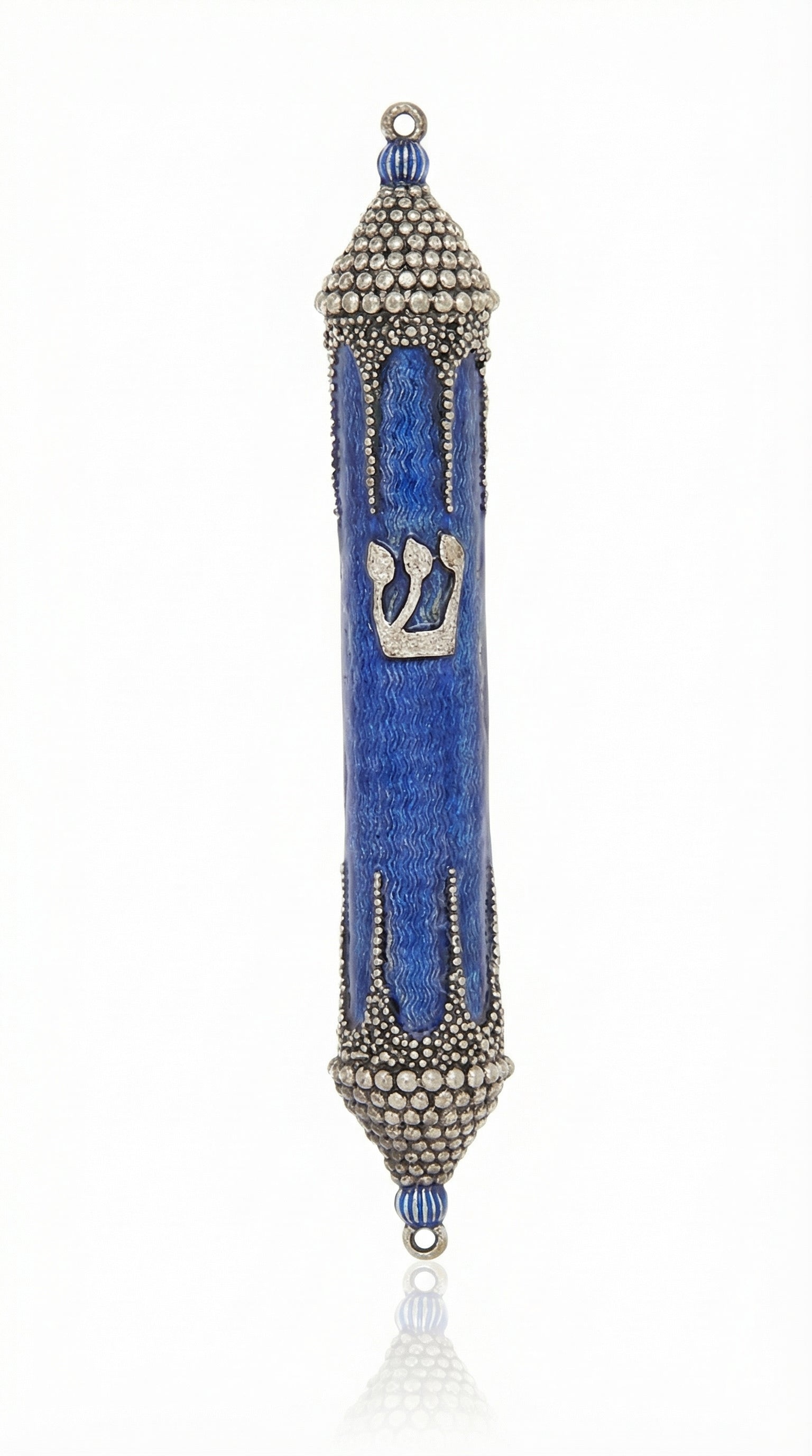 Elegant pewter mezuzah with modern blue enamel design, size 5.5 inches, on a white studio surface with subtle reflection, detailed craftsmanship.