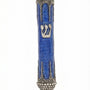 Elegant pewter mezuzah with modern blue enamel design, size 5.5 inches, on a white studio surface with subtle reflection, detailed craftsmanship.